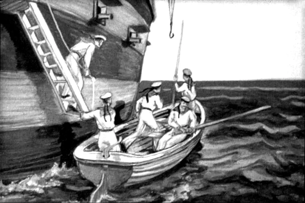 O ilustrație în alb și negru care prezintă o barcă cu patru persoane, două dintre ele cu pălării, în timp ce alta se află pe o scară a unei nave mai mari.