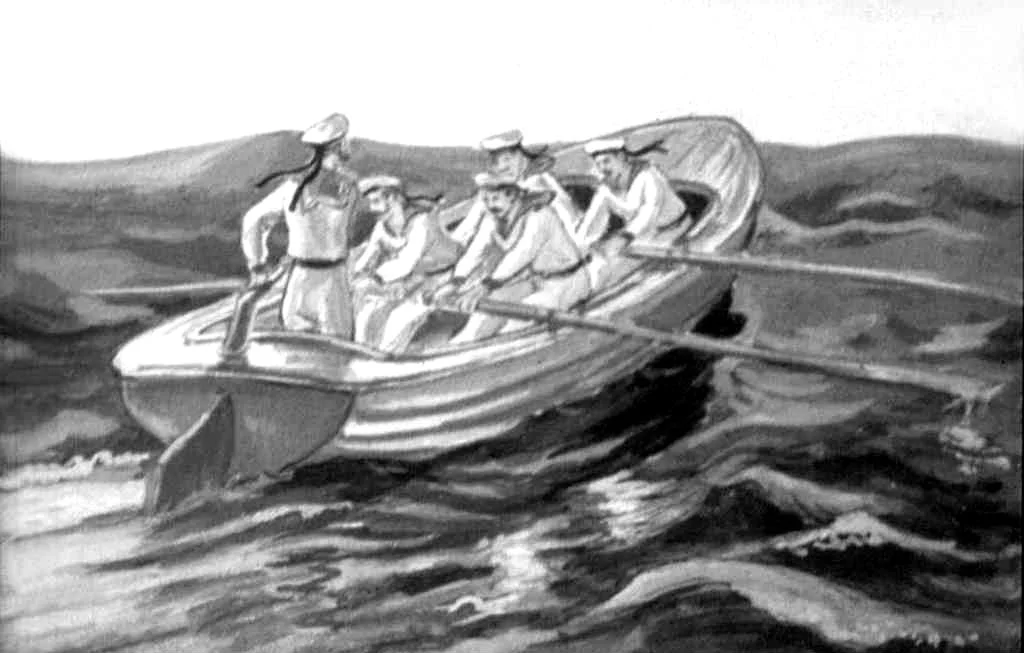 Ilustrație în alb și negru care arată un grup de marinari îmbrăcați în uniforme tradiționale, privind în direcția unui ocean agitat, într-o barcă cu vâsle.