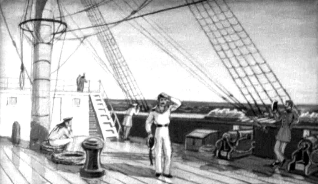 Imagine alb-negru care ilustrează o scenă pe un vas maritim, cu marinari la muncă pe punte.