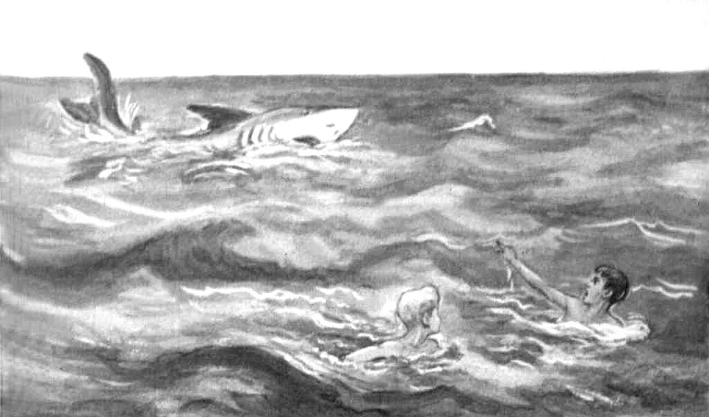 Ilustrație în alb și negru cu doi copii în apă și un rechin în fundal.