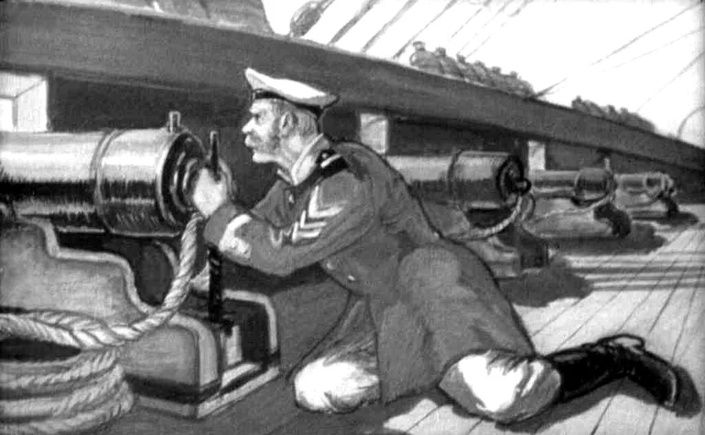 O ilustrație cu un marinar îngenunchiat pe o punte de nave, interacționând cu o armă de pe nava sa.