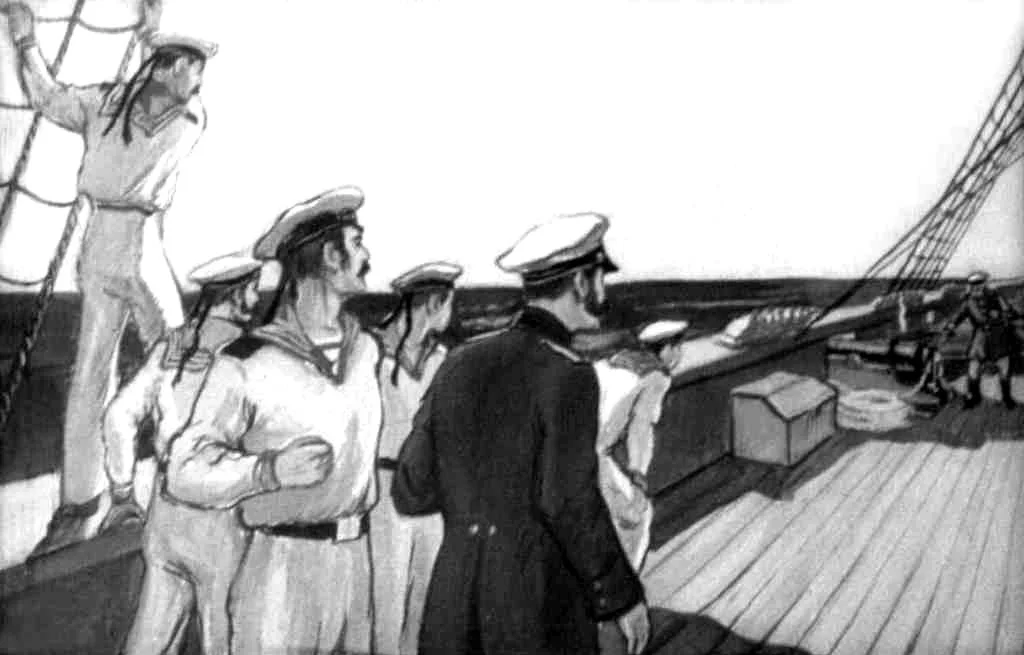 O scenă animată cu marinari pe puntea unei nave, observând îndreptându-se către un alt vapor.
