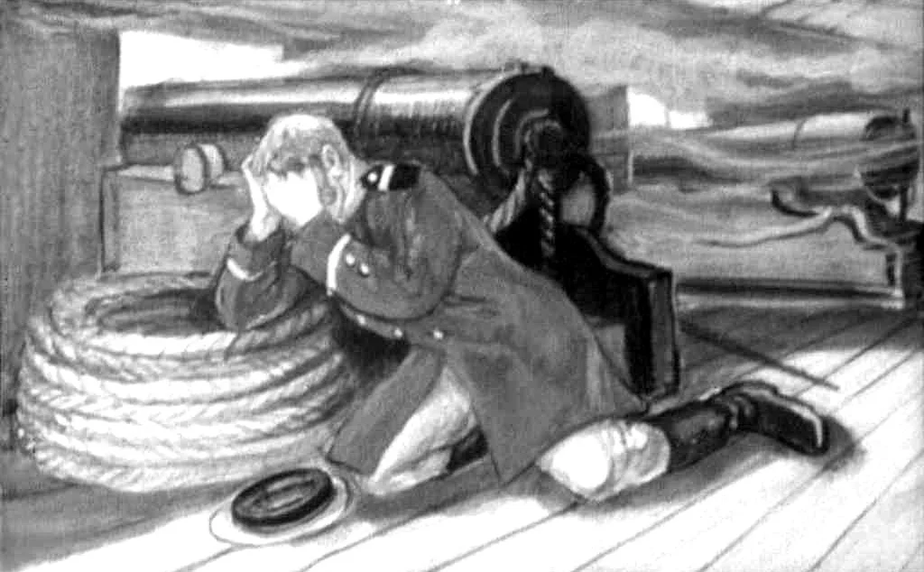 Desen monochrom care ilustrează un bărbat îmbrăcat în uniformă militară, îngenunchiat în fața unei piese de artilerie, cu capul între mâini, părând copleșit de emoții. În fundal se văd sfori și detalii nautice.