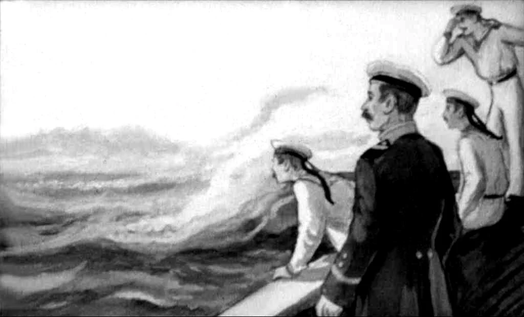Ilustrație alb-negru cu patru marinari pe o punte, observând marea agitată.