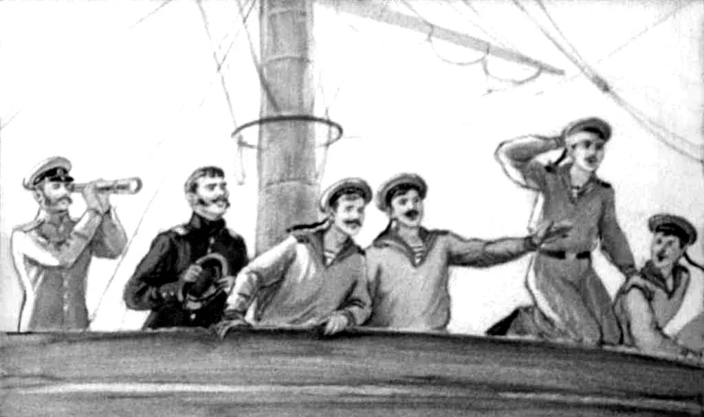 Ilustrație cu marinari pe puntea unei nave, observând în zare.