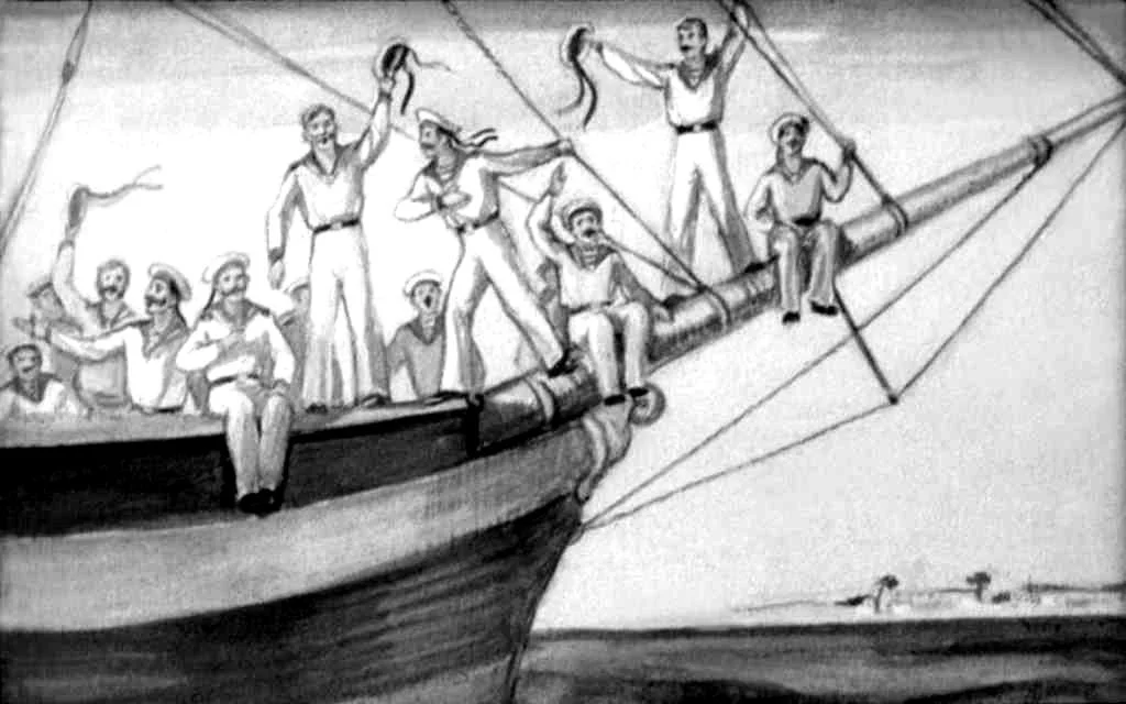 Ilustrație în alb și negru cu marinari pe o barcă, unii dintre ei ținând batiste sau fâșii de material.