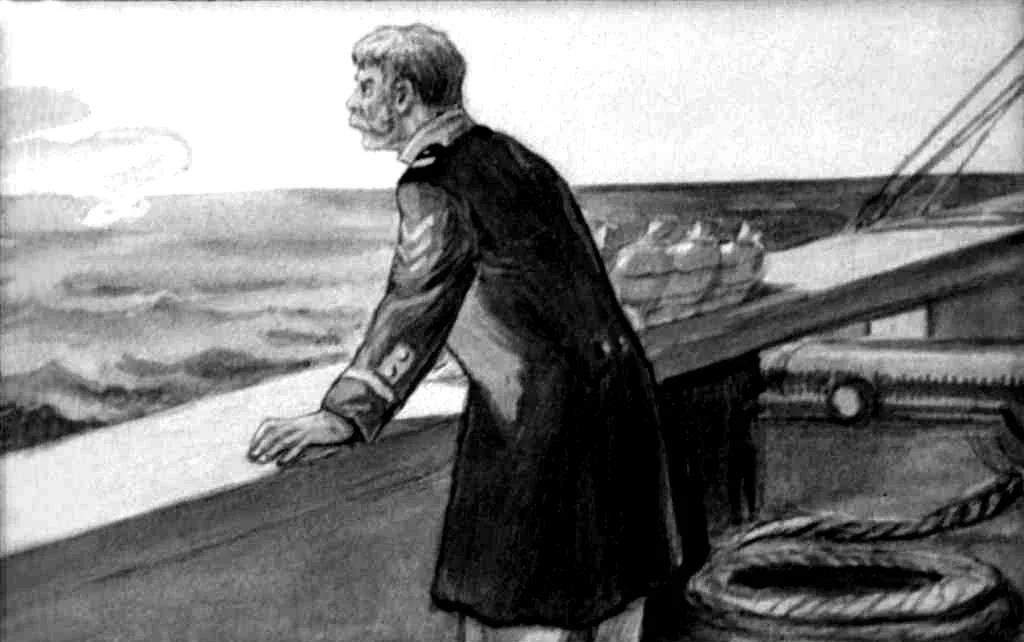 O ilustrație alb-negru care prezintă un bărbat îmbrăcat în uniformă navală stând pe marginea unei bărci, privind spre orizontul mării.