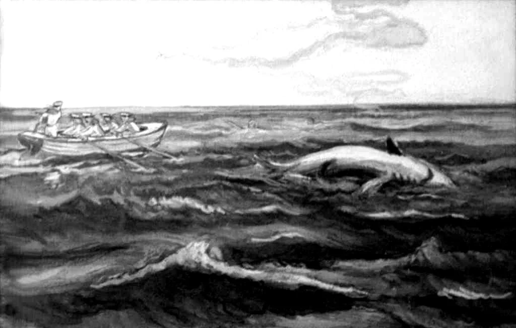 O ilustrație care arată o barcă cu cinci persoane pe mare, în apropierea unei creaturi marine mari care iese la suprafață.