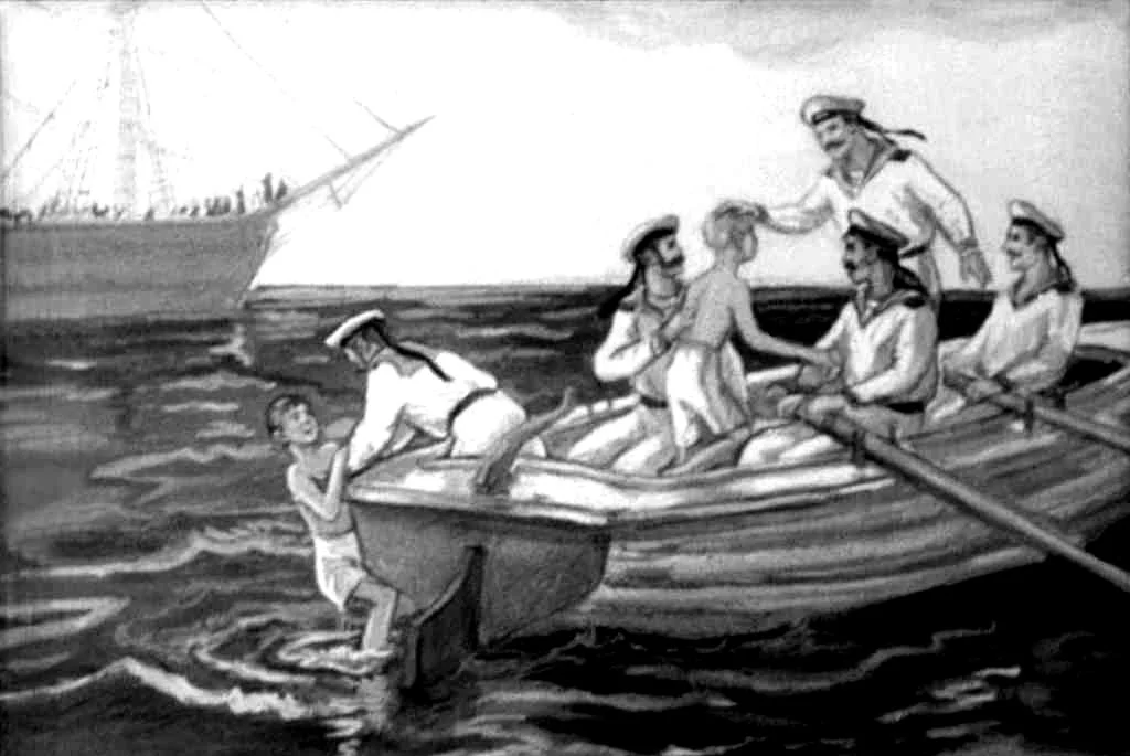 Ilustrație care arată un grup de marinari într-o barcă, ajutând un băiat care a căzut în apă.