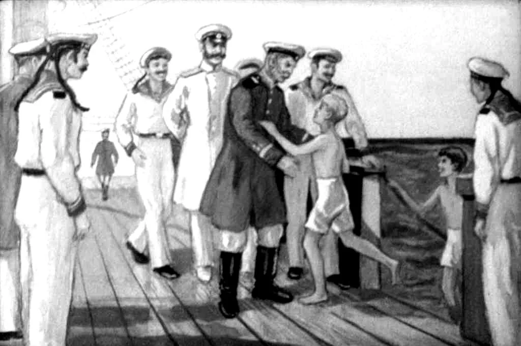 O ilustratie alb-negru care prezinta o scena cu mai multi marinari, un ofiter in uniforme si cativa copii, pe un vas. Ofiterul si un copil se intalnesc pe o punte.