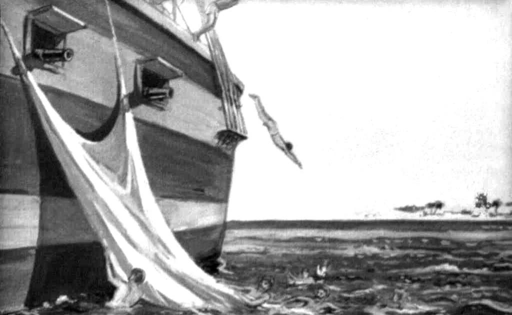 O ilustrație în care o navă cu două tunuri pe lateral este reprezentată pe fundalul apei, cu o persoană sărind din nava în apă și altele înotând în jur.