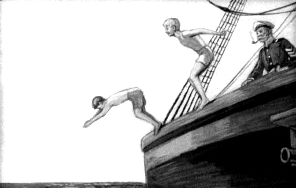 Ilustrație în alb-negru cu doi băieți sărind de pe o barcă în apă, cu un ofițer pe barcă.