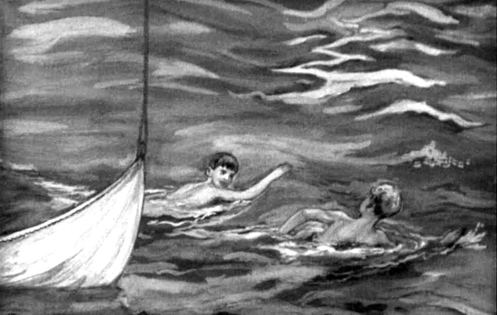 O ilustrație alb-negru cu doi copii înotând într-un lac, unul dintre ei întinzându-și brațul către celălalt, iar un pachet de bărci pe fundal.
