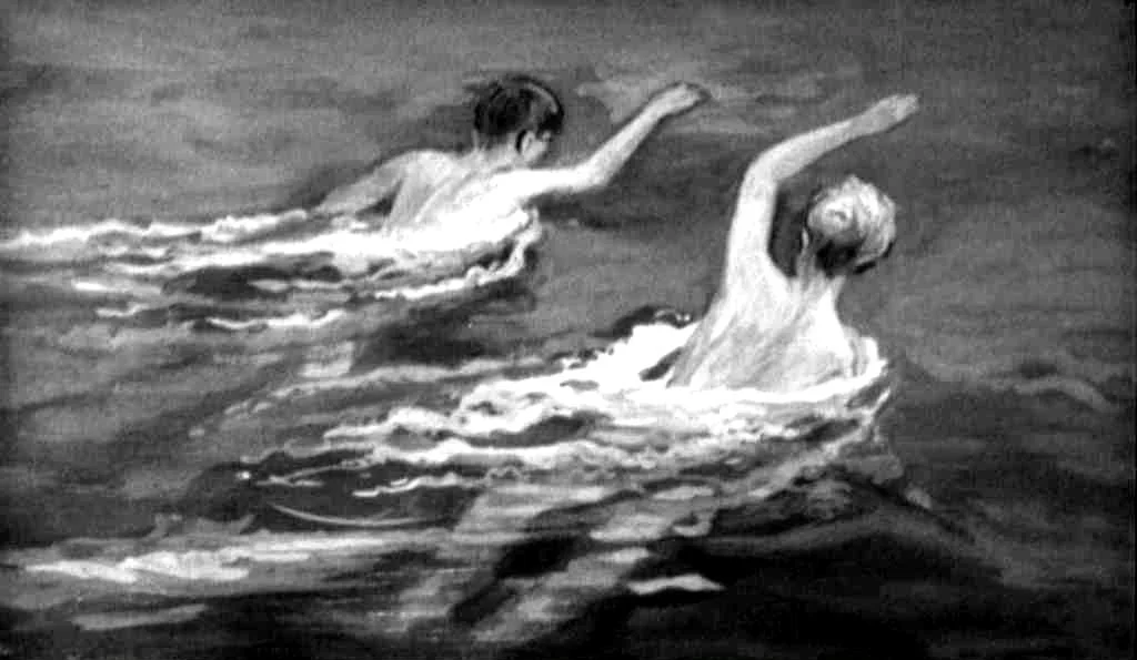 Ilustrație alb-negru cu două persoane care înoată în apă.