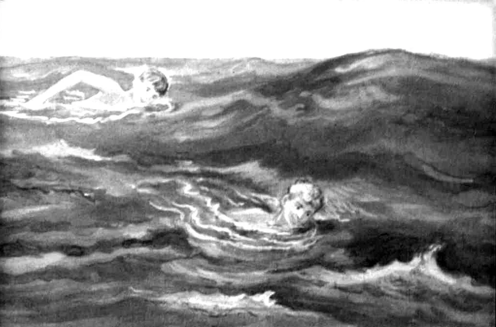 Ilustrație în alb-negru cu două persoane înotând în valuri, una dintre ele fiind mai aproape de observator.