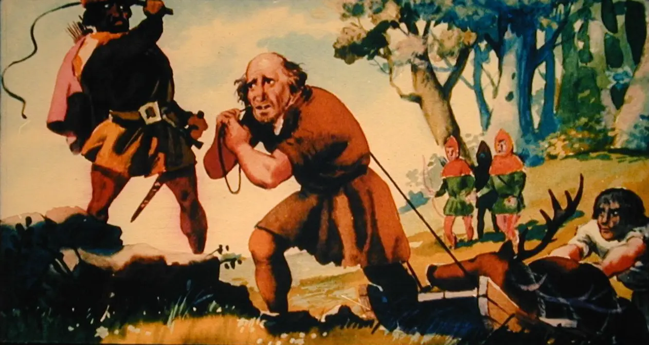 O ilustrație colorată cu mai mulți oameni în costume dintr-o epocă istorică, un bărbat cu un arc și un altul care pare a folosi o unealtă, într-un peisaj natural.