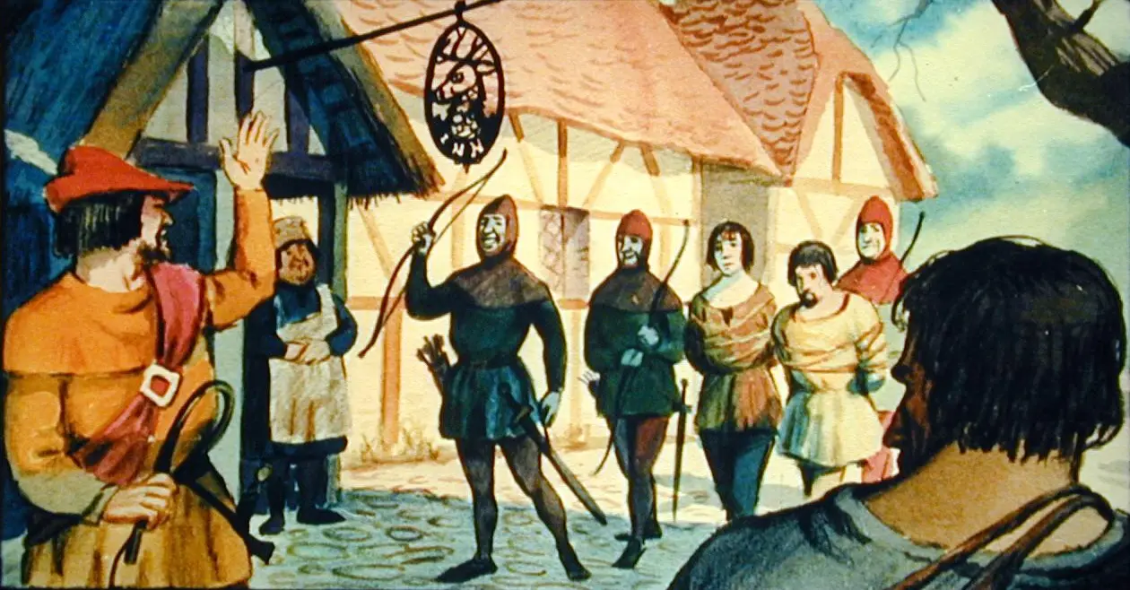 Ilustrație cu personaje medievale în fața unei clădiri, unele salutând iar altele având arme.