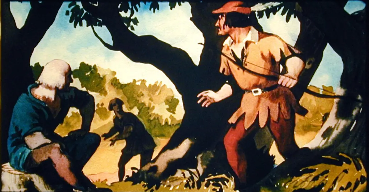 An illustration depicting Robin Hood and characters in a forest setting.