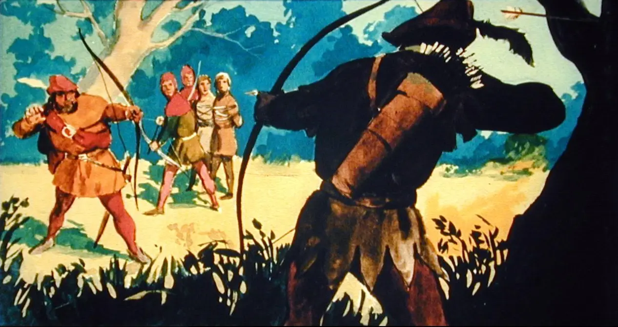 O scenă de desene animate cu personaje îmbrăcate în costume medievale, un lup și un grup de cinci arcași într-o pădure.