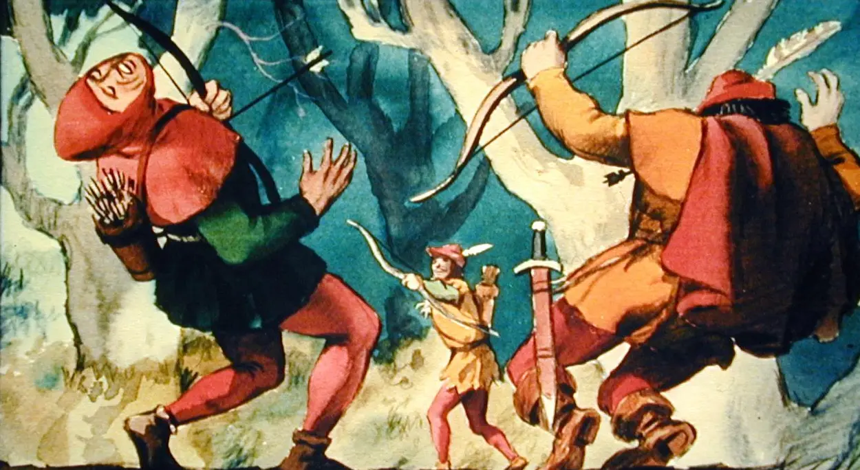 Ilustrație colorată cu trei arcași în pădure, unul dintre ei fiind un tânăr purtând o coifă, iar ceilalți doi fiind îmbrăcați în costume medievale, toți pregătind arcul pentru a trasa o săgeată.