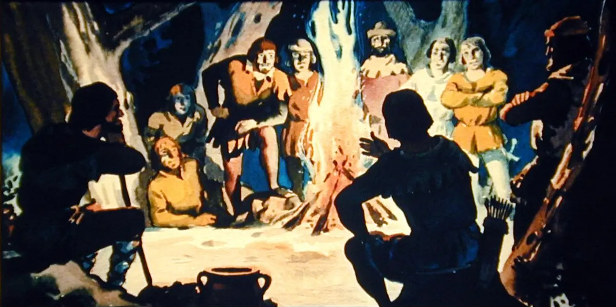 O ilustrație care prezintă un grup de oameni adunați în jurul unui foc într-o pădure, discutând și povestind.