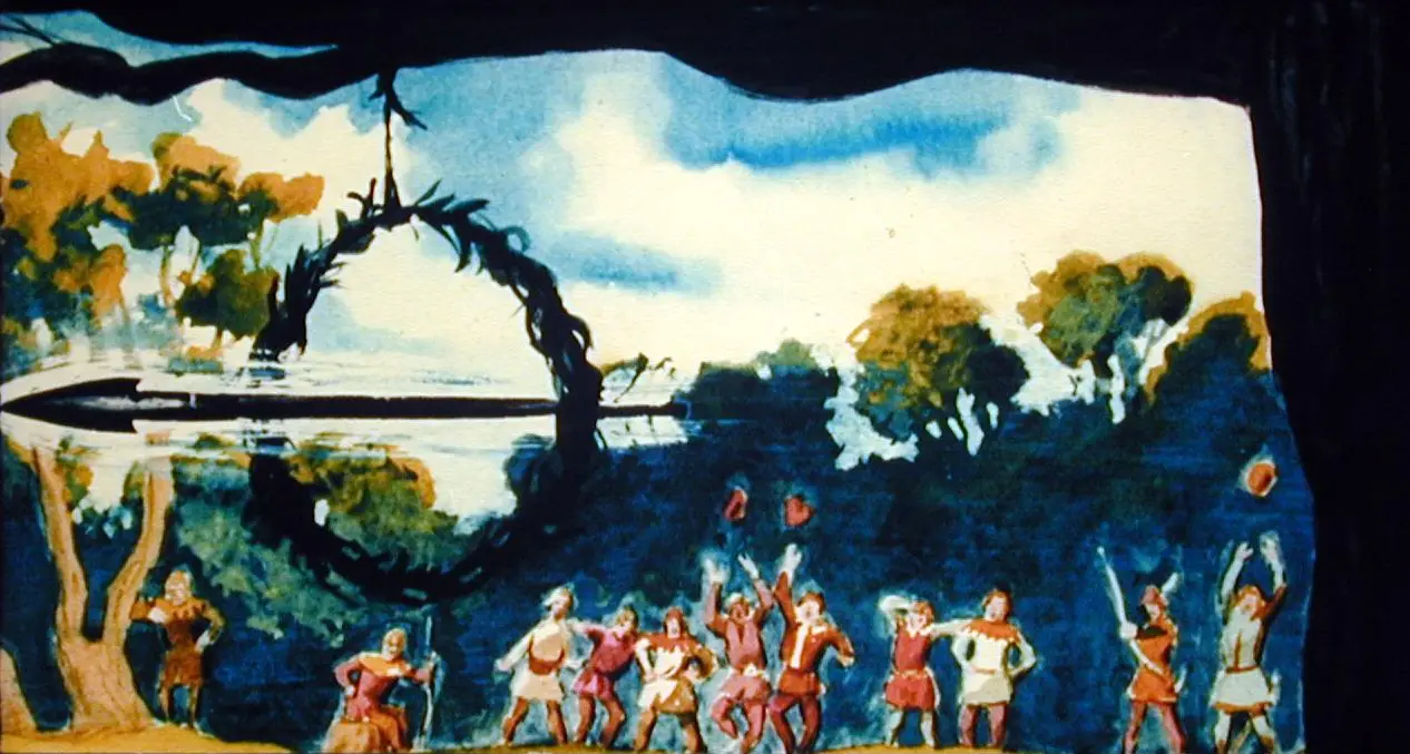 Ilustrație colorată cu un grup de oameni care participă la o activitate festivă în natură, cu copaci și un cer albastru în fundal.