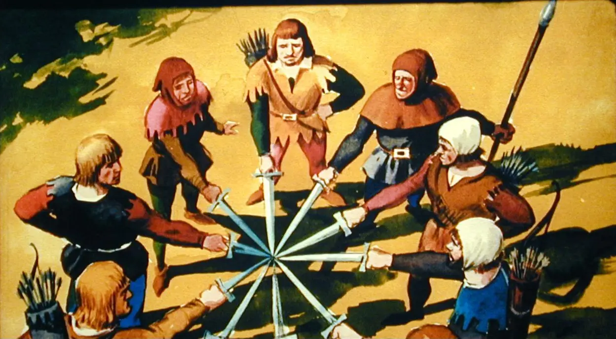 Ilustrație cu un grup de oameni îmbrăcați în costume medievale, stând în cerc și ținând săbii, cu arcuri pe spate.