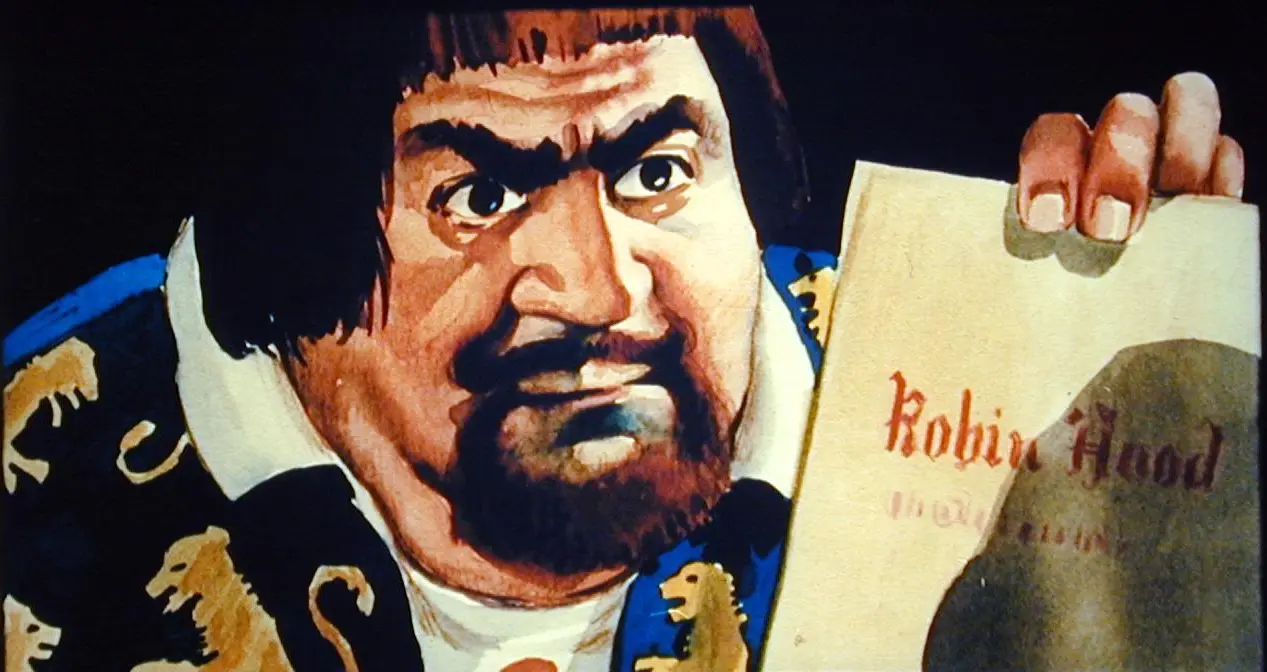 Ilustrație a unui personaj care prezintă o broșură cu titlul 'Robin Hood'.