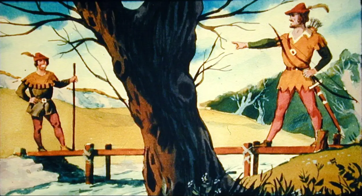 Ilustrație colorată cu doi bărbați îmbrăcați în costume medievale, unul stând pe un pod, iar celălalt lângă un copac, indicând spre un peisaj natural.