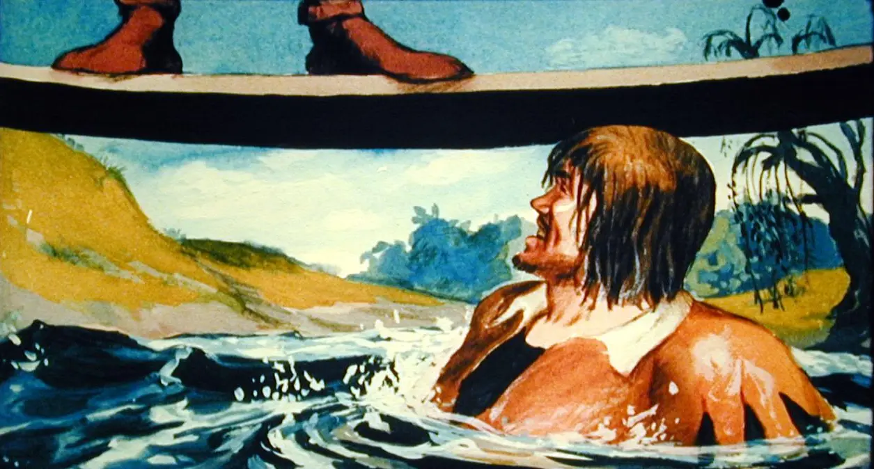 Două personaje în costume medievale,una cu un băț ridicat pregătit să lovească, iar cealaltă încercând să împiedice atacul, într-un peisaj natural cu cer albastru și nori.