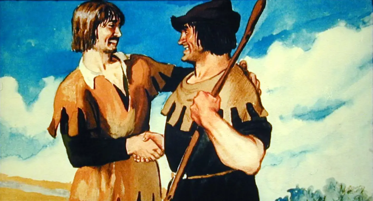 Ilustrație în care un bărbat cu părul lung este în apă, privind în sus către o persoană care stă pe o punte.