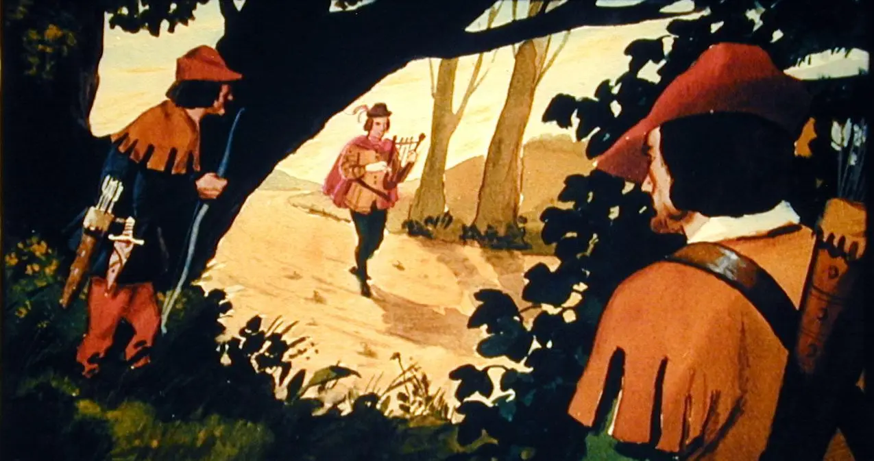 Două personaje istorice se strâng mâinile într-un peisaj cu cer senin și nori.