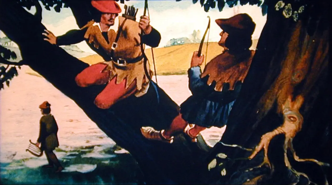 Imagine reprezentând trei personaje îmbrăcate în costume de epocă, ascunse printre copaci, în timp ce observă un alt personaj care se apropie pe o potecă.