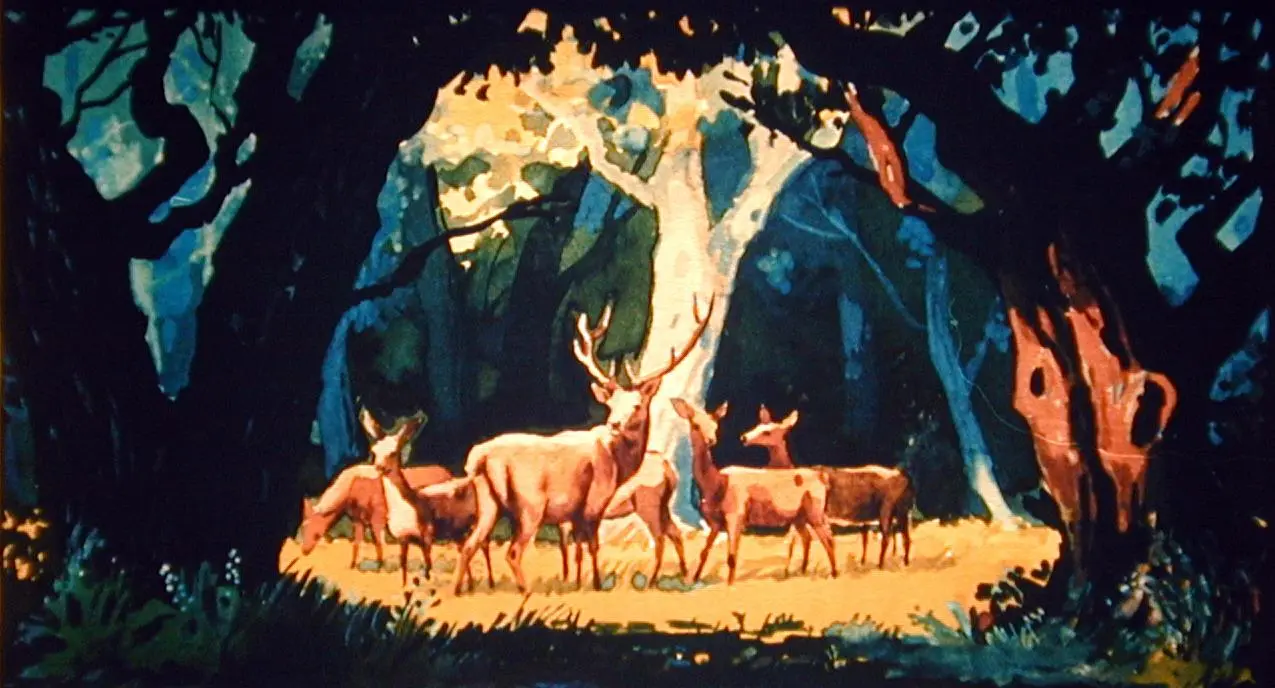 O pictură reprezentând un grup de cerbi într-o pădure, cu un copac mare în centrul imaginii, colorată într-un stil vibrant.