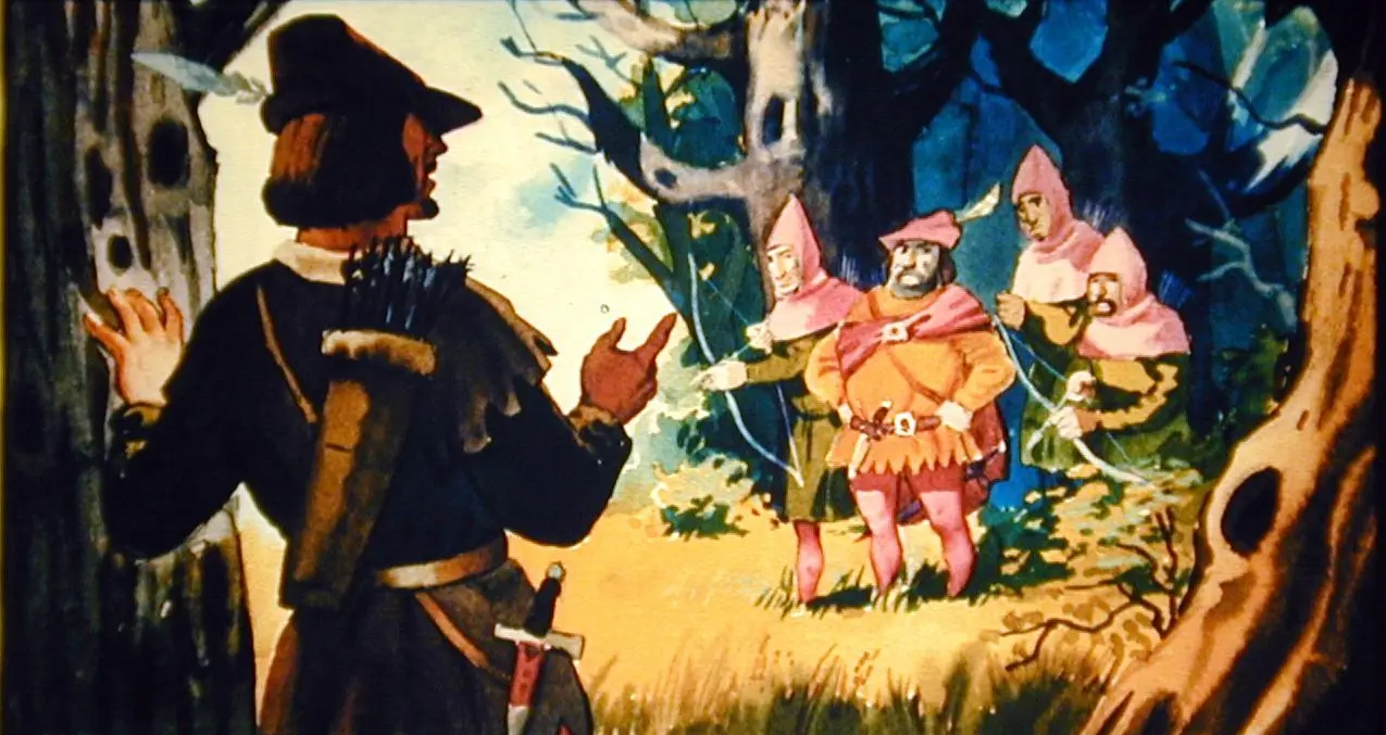 O scenă animată în pădure cu un bărbat în fața unor soldați, care poartă costume colorate, în timp ce el pare să le vorbească.