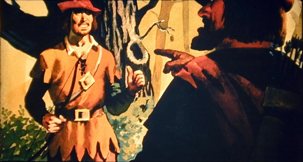 Ilustrație care prezintă două personaje discutând într-o pădure.