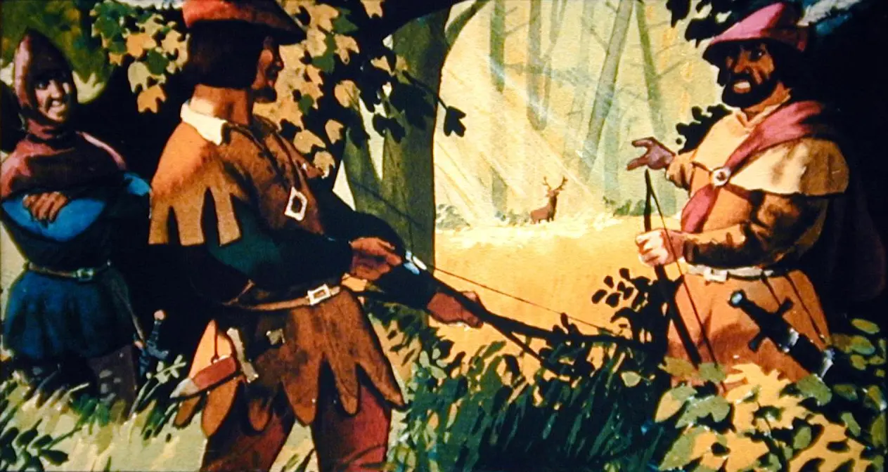 Trei bărbați îmbrăcați în costume medievale, unul cu un arc, se află în pădure, observând un cerb în depărtare.