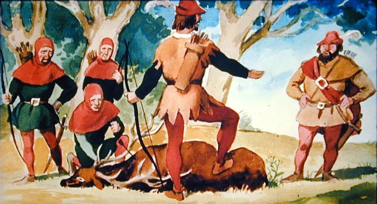 Ilustrație cu o scenă de vânătoare, unde un grup de oameni îmbrăcați în haine tradiționale discută în jurul unei prade.