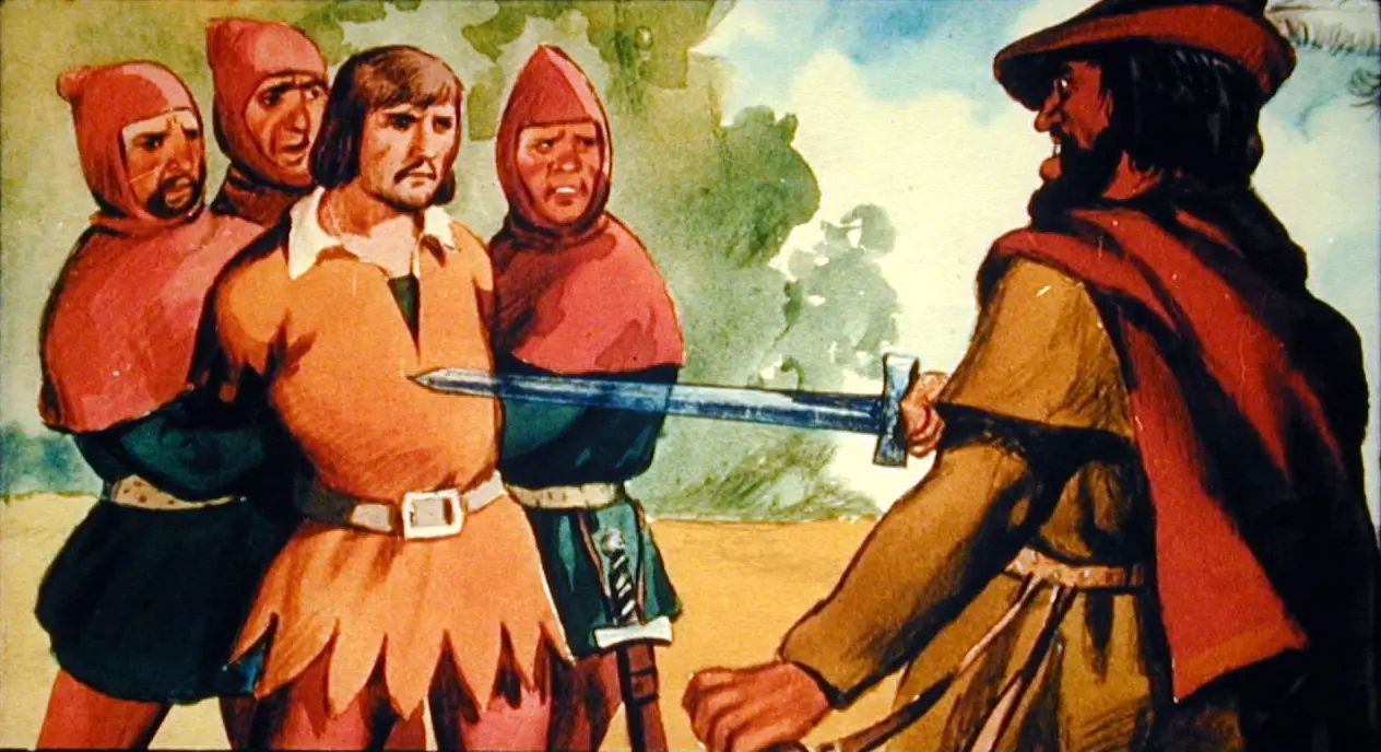 Ilustratie cu patru bărbați îmbrăcați în costume medievale, unde unul dintre ei ține o sabie îndreptată spre alții.