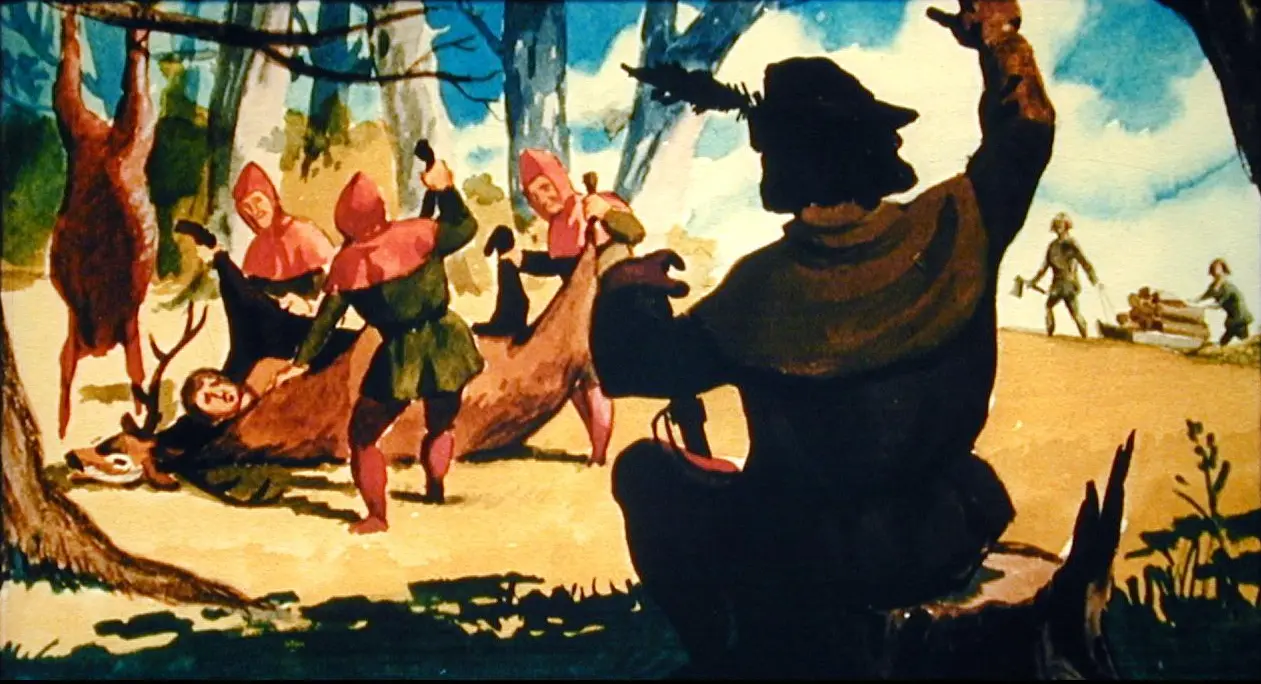 Ilustrație colorată cu un grup de oameni care vânează, înconjurați de copaci, prezentând o scenă de vânătoare în aer liber.