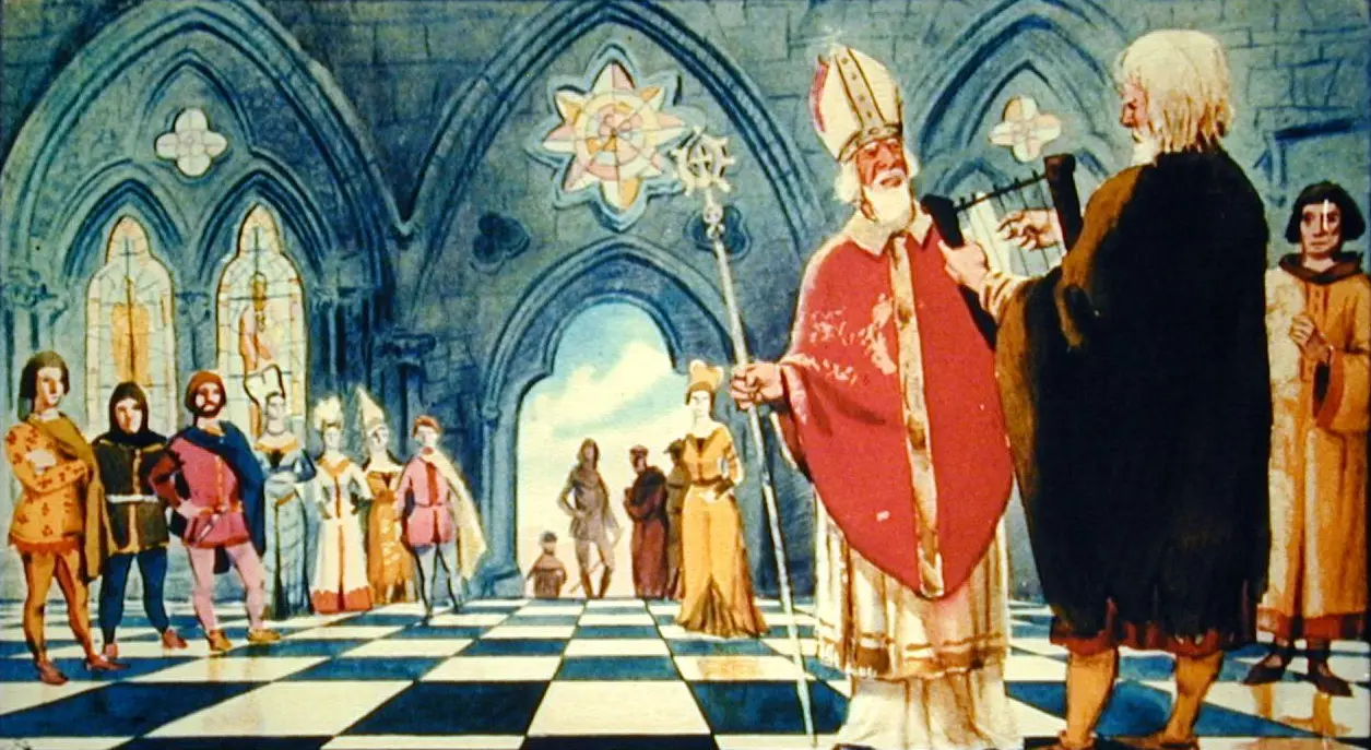 O imagine reprezentând o scenă în interiorul unei clădiri gotice, cu un bărbat îmbrăcat ca un episcop și alți indivizi îmbrăcați în costume medievale, interacționând într-un cadru ceremonial.