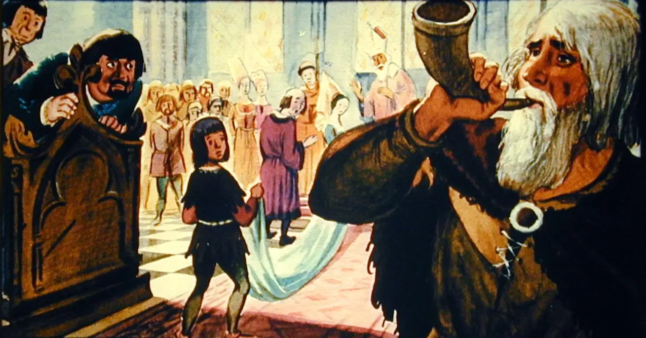 Ilustrație care prezintă un bărbat cu părul alb suflând într-un instrument de tip corn, în timp ce alți personaje sunt adunate într-o sală, unele având fețe surprinse sau curioase.
