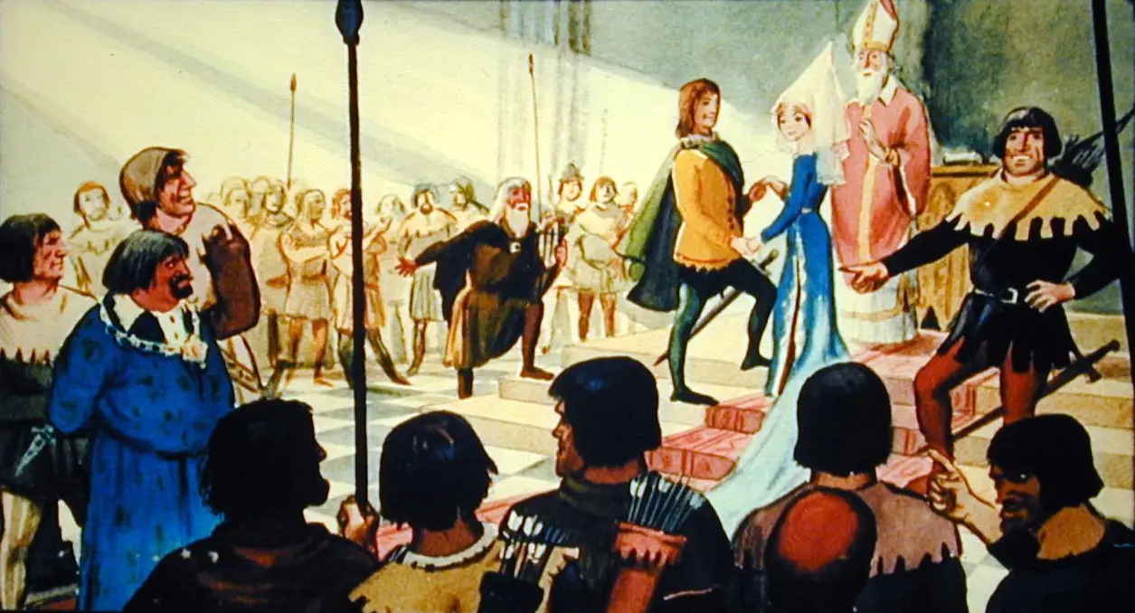 O scenă ilustrată cu o ceremonie medievală, inclusiv personaje îmbrăcate în costume tradiționale, un bărbat și o femeie pe o platformă, și spectatori în fundal.