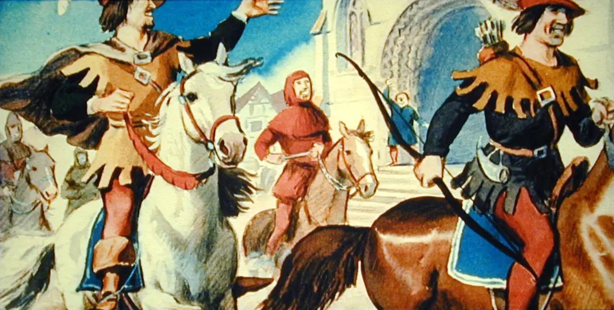 Ilustrație colorată cu cavaleri în costume medievale călare pe cai, într-un peisaj urban.