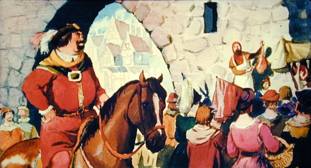 O scenă animată care prezintă un om îmbrăcat în haine roșii, călărind un cal, în fața unei mulțimi care ascultă un alt bărbat ce vorbește, în contextul unei piețe medievale.