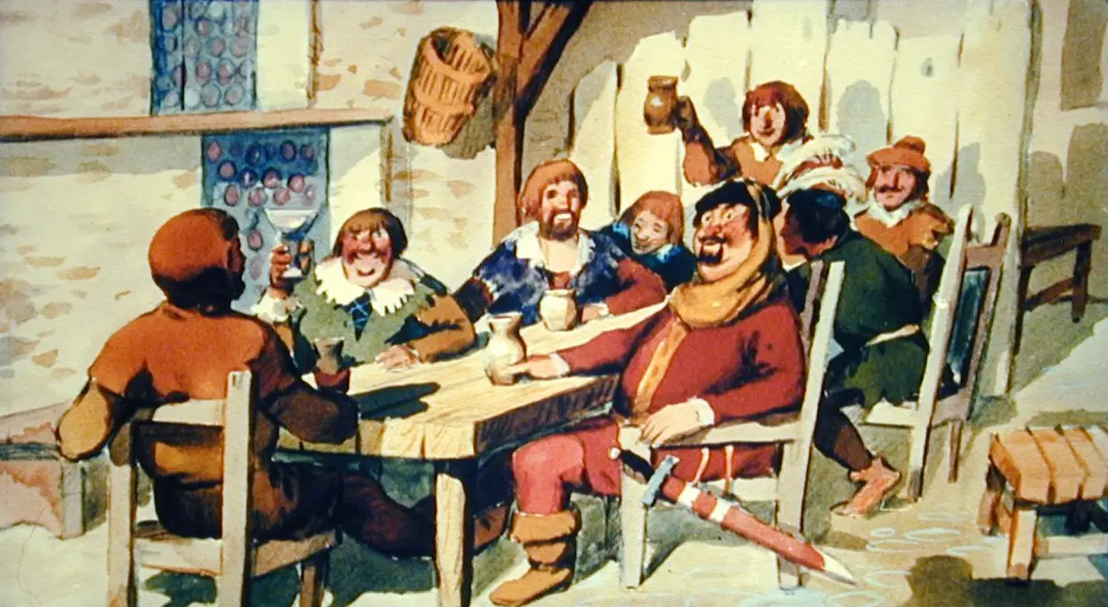 Ilustrație cu un grup de oameni care se relaxează și socializează într-o tavernă medievală, stând la o masă, cu băuturi și alimente.