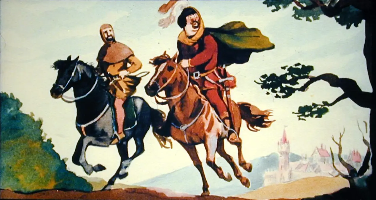 Ilustrație cu doi cavaleri călărind pe cai pe un fundal natural.