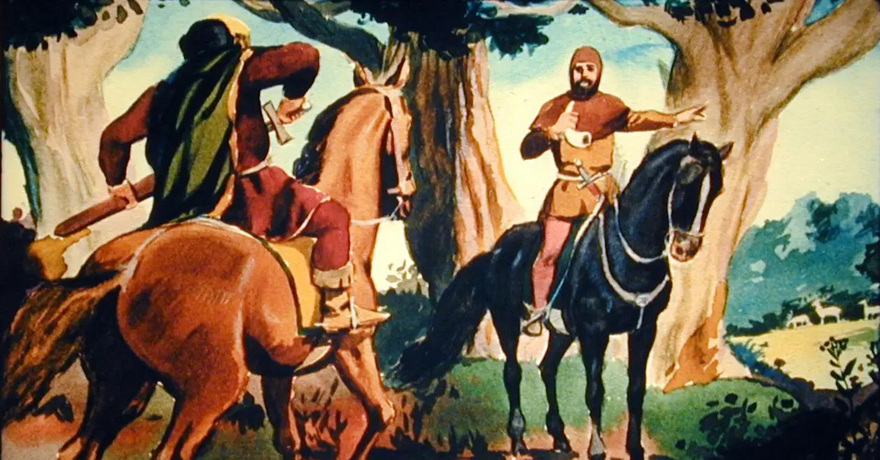 Ilustrație cu doi bărbați pe cai într-un peisaj de pădure.