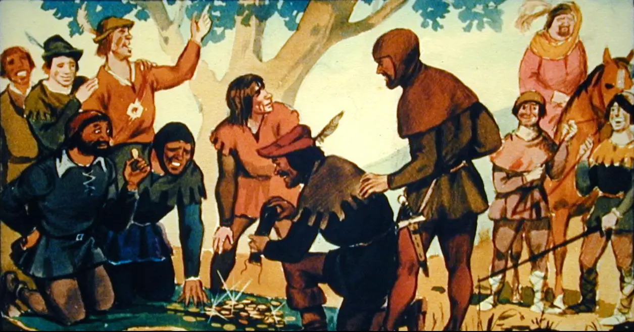 Ilustrație colorată cu mai multe personaje în costume medievale, adunându-se în jurul unui bărbat care explorează pământul. Sursa de lumină reflectă pe un obiect din fața lor.