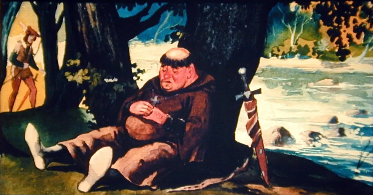 Imagine animată cu un bărbat îmbrăcat în haine de călugăr, stând pe pământ lângă un copac. Acesta pare obosit și ține ceva în mână, iar lângă el se află o sabie. În fundal, se vede o persoană îmbrăcată în haine medievale și un peisaj natural cu apă curgătoare.